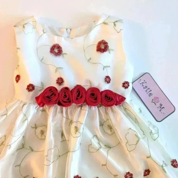 NWT Girls Fancy Party Dress By Katie M Ivory with Red Flowers Green Leaves 4T - Picture 7 of 7